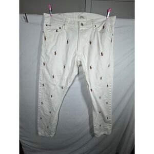 Polo Ralph Lauren White Denim Pants All Over Multi Color Embroidered Pony Logo